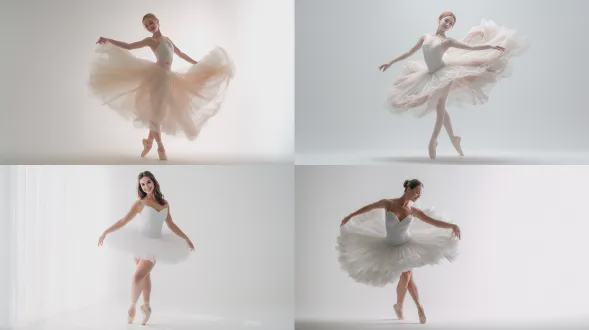 美丽的芭蕾舞女演员全身照，白色背景，优雅旋转动作，舞裙飘逸，足尖站立，精致妆容，自然微笑，柔和环形灯，高调摄影，浅景深，细腻肤质，绸缎舞裙细节，柔焦效果，温暖色调，流畅线条，人像镜头，工作室布光，优雅气质，轻盈感