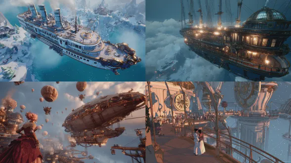 一艘奢华的蒸汽朋克空中巡航船（如同天空中的泰坦尼克号）漂浮在冰冻世界之上。时间静止，乘客在大笑、跳舞、接吻的中途冻结，唯有你那身材丰满曲线的女主角赛博格在活动。她探索着飞船，发现房间里的场景无序重复。每一层楼都仿若不同的宇宙：黑色电影风、科幻风、浪漫风。具有超写实动漫风格的身材丰满曲线的女主角赛博格主角，是第三人称电子游戏角色渲染，身着优雅的50年代紧身胸衣风格礼服的动漫女子置身于巨大的蒸汽朋克飞艇上，有时间冻结效果，乘客悬浮在运动中途，呈现出阴阳魔界般的超现实氛围，有温暖的金色灯光，还有金属齿轮与黄铜元素，有着电影般梦幻的灯光，营造出神秘氛围，超细节。核心镜头用arri alexa 65搭配50mm定焦镜头，f/1.4，是军事朋克女巫核心的2089年全动态视频