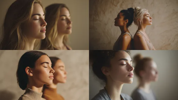 两位年轻白人女性背对背坐，笔直放松，闭目冥想，柔和中性光线，极简环境，沉稳氛围，安静联系，对称构图，浅景深，柔和大理石色调，漫射光，35mm定焦镜头，低对比度，平静情绪，和谐统一