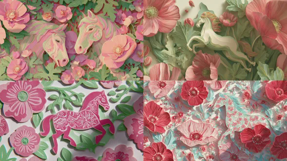 中国生肖马与罂粟花，玛赞莎塔碧风格纸雕，3d立体效果，粉色与浅绿色调，白色背景，剪纸艺术，层次分明，光影对比，柔和光线，45度侧光，细腻纹理，几何构图，平面设计感，温暖氛围，动态平衡，装饰性元素，精致细节，童话风格，高饱和度，清新和谐。