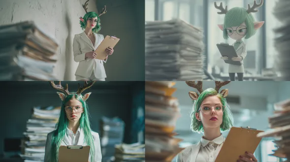 成熟羚羊女孩，绿色眼睛，绿发，鹿角鹿耳，精灵气质，戴眼镜，白色商务套装，衬衫短裙黑打底裤，站在办公室，手持剪贴板，表情不悦烦躁，自然光，浅景深，中性色调，35mm镜头，柔和阴影，现代办公环境，文件堆叠，冷静色彩，职场氛围，复杂情绪