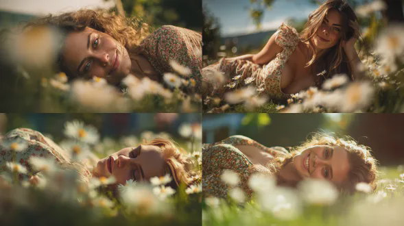 美丽女子躺在雏菊花园中，电影感镜头，柔焦效果，自然光，暖色调，浅景深，中长焦镜头，侧逆光，慵懒姿态，飘逸长裙，微笑表情，清新氛围，高饱和度，绿色与白色主调，宁静情感
