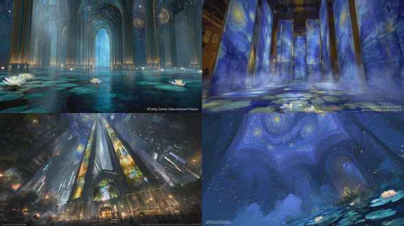 受沉浸式投影艺术展览空间启发的垂直史诗级电影海报。梵高和莫奈从由他们最具标志性画作制成的高耸发光门户中走出，仿佛从数字艺术画廊内的大型投影画布中浮现。背景构图：顶部，文森特梵高的《星夜》的旋转夜空向上扩展到巨大的投影墙上，有深蓝色螺旋和发光的金色星星。底部，克劳德·莫奈的《睡莲》在地板和下部墙壁上形成发光的反射池塘，柔和的柔和色水反射透过朦胧的光线发光。环境类似于具有大型垂直投影表面、反射地板和周围数字画布的多墙沉浸式展览室。每位艺术家从由他们画作纹理形成的门户中出现：梵高带有厚重旋转的厚涂笔触，莫奈带有发光的水色柔和笔触。强烈的垂直电影光线，空间中升起的体积雾，飘动的颜料颗粒，戏剧性的阴影，史诗般的规模，沉浸式展览氛围。绘画般的写实与电影深度融合。无文本，超详细，8k