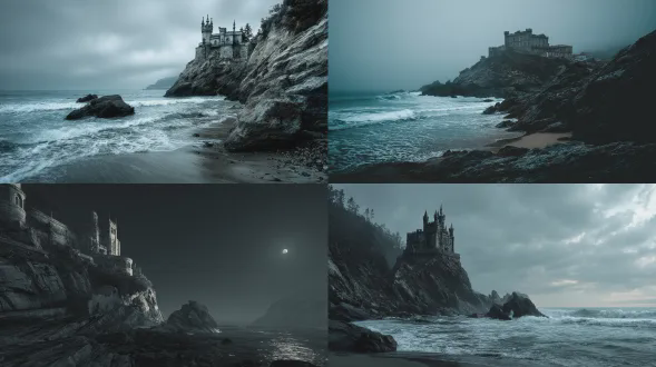 头骨城堡雕刻在悬崖上俯瞰大海，哥特式建筑，阴森神秘，远处海浪拍岸，月光冷色调，精细雕刻，暗黑风格，广角镜头，低角度拍摄，高对比度，阴影深重，雾气缭绕，寒冷氛围，恐怖美学，岩石纹理，尖锐线条，超现实主义，夜间摄影