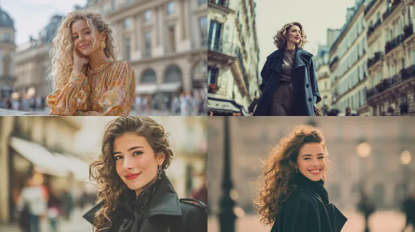 时尚法国模特，高级定制服装，优雅姿态，巴黎街头背景，复古色调，柔焦效果，中长焦镜头，自然光与补光结合，自信微笑，精致妆容，飘逸卷发，现代艺术风格，浅景深，对比度适中，细腻纹理，都市氛围，暖色滤镜，动态姿势，时尚配饰，高贵气质