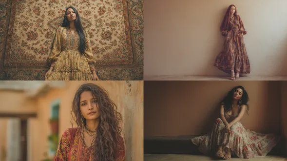 长发女孩身着波西米亚风格连衣裙，东方挂毯图案、暖米色底色花卉设计，深色裙摆，土色调平静时尚，搭配凉鞋简约珠宝，暖米色墙壁背景，宁静氛围，柔和环境光，精致细节，中焦镜头，浅景深，自然光，优雅站姿，柔和色调，温暖情感