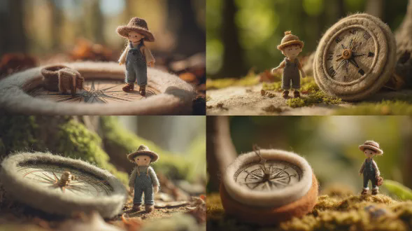 "微小旅行者站在巨大毛毡指南针旁，童话风格，柔焦效果，浅景深，温暖色调，逆光，毛毡质感，惊叹表情，背带裤和探险帽，背景模糊的森林，奇幻冒险氛围，高饱和度，35mm镜头，柔和阴影，细腻纹理，童趣，宁静与好奇交织"