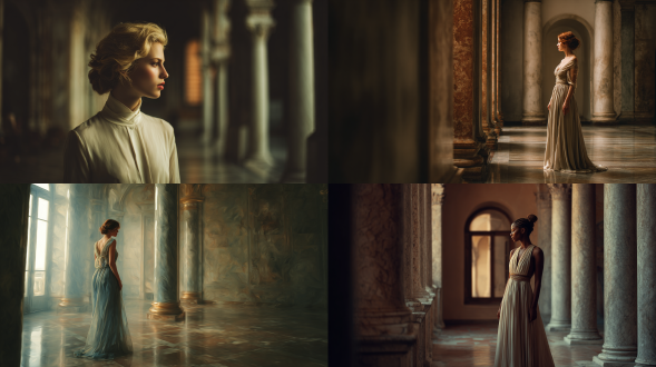 优雅女人站在古典欧式大厅，身着丝绸长裙，高髻发型，柔和自然光，大理石柱，拱形窗，油画质感，柔焦，浅景深，黄金比例构图，暖色调，宁静氛围，微侧脸，沉思表情，复古色调，细腻纹理，50mm定焦镜头，电影级布光。