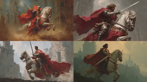 "中世纪骑士披红色金边披风骑白马举闪亮剑，废墟背景烟雾缭绕，文艺复兴绘画风格，英雄姿势，庄严表情，精细盔甲纹理，柔和高光，暖金色调，深色阴影，广角镜头，动态构图，战马腾跃，历史厚重感，古典油画质感"