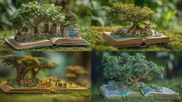 "一棵树从书本中生长，繁茂的枝叶上挂满职业象征插画，如房屋、画笔、听诊器等，欢快明亮色调，柔和自然光，书本躺在翠绿草地上，微距与广角结合，超现实风格，细节精致，梦幻氛围，充满希望与可能性。"
