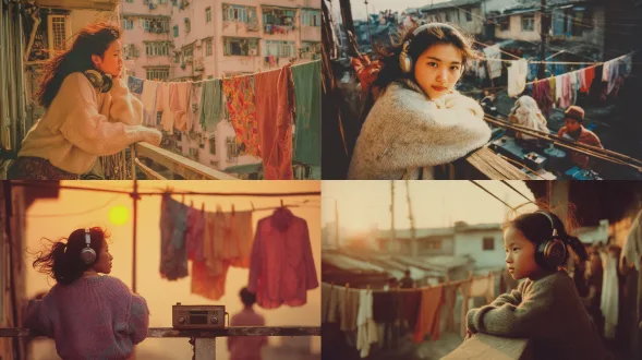 这是一张20世纪90年代末的彩色中国老式怀旧照片。照片展现了20世纪90年代至21世纪初的中国日常生活。照片中，一名穿着超大毛衣的少女倚在阳台栏杆上，戴着耳机听随身听，风吹拂着她的头发。而她的母亲则在金色的夕阳下，将晾晒的衣物挂在竹竿上