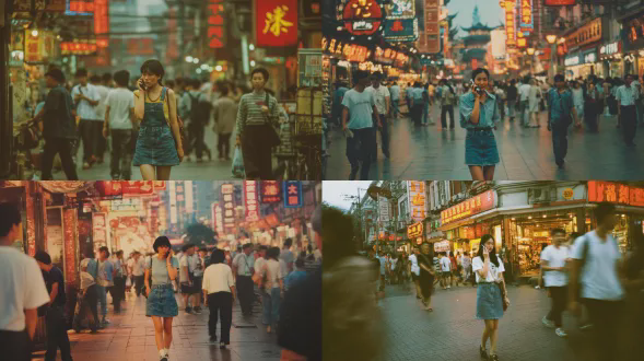 一张复古的2001年彩色中国照片。带有复古怀旧风格，呈现出00年代初的中国科技生活。一个穿着牛仔裙的年轻女子边走边在拥挤的步行街上用翻盖手机聊天。商店招牌闪烁，朋友们从远处挥手，在繁忙的暮色中。
