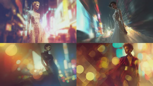 时尚杂志插画，模特身穿高定礼服，自信优雅，都市夜景背景，霓虹灯光，超现实主义风格，高对比度，广角镜头，浅景深，动态光晕，暖色调与冷色互补，金属质感，未来感，柔焦效果，强烈视觉冲击，现代奢华，电子风元素，张扬个性，高级时装细节，光影交错，都市摩登。