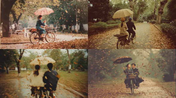 一张复古的1999年彩色中国照片。带有复古怀旧风格，呈现出90年代-00年代的中国浪漫。一个扎着马尾的女孩拿着伞坐在男朋友的自行车后座上，穿过公园小径。落叶在清新的秋风中旋转。