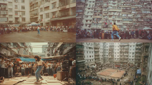 一张复古的1997年彩色中国照片。带有复古怀旧风格，呈现出90年代的中国青年文化。穿着牛仔裤的少女在公寓院子里铺着纸板垫跳霹雳舞。音箱播放着迈克尔·杰克逊的曲子，邻居们从阳台上鼓掌。