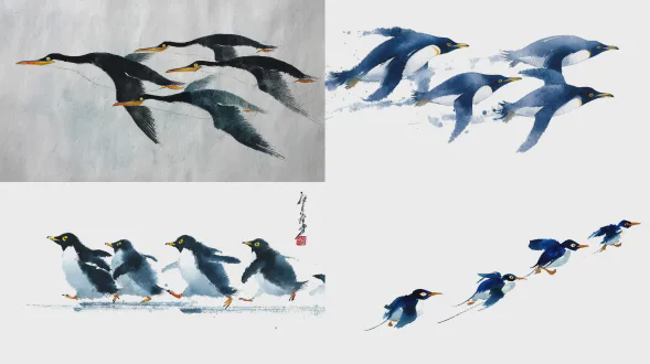 中国水墨画，极简风格，抽象线条，蓝黑色调，四只可爱企鹅，黄色眼睛，飞行长颈鸟类，干净背景，高清细节，吴冠中灵感，吴镇倩杰作，留白艺术，优雅动态，柔和光影，细腻笔触，现代与传统融合，轻盈飘逸，生动趣味。