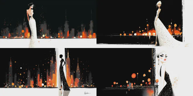 时尚杂志插画，高级感，模特身着未来主义银色亮片连衣裙，冷色调，霓虹灯光，都市夜景背景，广角镜头，浅景深，动态姿势，金属质感，高对比度，极简构图，科技感，冷光照明，自信表情，线条流畅，几何元素，前卫风格，镜面反射，现代艺术