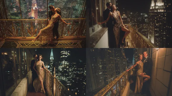 夜晚，奢华的20世纪30年代摩天大楼屋顶露台上迷人的装饰艺术场景，一位时尚的受女爵士风格启发的女性，穿着露背金属金色金属丝礼服，带有飘逸的侧开衩，自信地靠在镀金栏杆上摆姿势，一条腿抬起呈戏剧性的舞蹈姿势，她身着定制燕尾服的优雅爱人从背后以经典的舞厅姿势抱住她，人物形成雕塑般的剪影，下方是几何塔楼和霓虹灯的城市天际线，远处有亮着灯的窗户和旁观者，华丽的对称，旭日形图案，抛光的镀铬和大理石细节，戏剧性的之字形灯光，风格类似塔玛拉德蓝佩嘉和埃尔特，色彩鲜艳，高对比度，奢华的电影氛围，高度细节