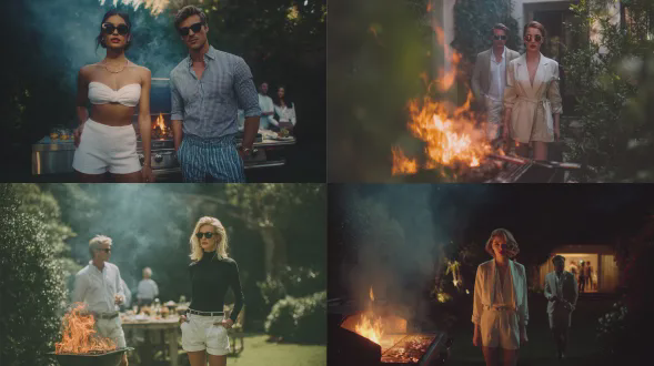 一张优雅女士的高级时尚摄影，男士身着冷色调的夏季短裙。她站在后院花园里的一个燃烧的烧烤旁。避开镜头。时尚编辑风格。奢侈品牌。简约男装。电影感动态。雅克姆风格。背景中的人群，失焦。高级定制品牌。