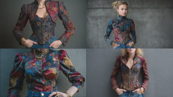 一名22岁捷克女模特，身穿波西米亚风格女士束腰上衣，高领，不对称下摆，在深色背景上有丰富色彩（红色、蓝色、金色）的复杂刺绣佩斯利和花卉图案，长袖，搭配蓝色牛仔牛仔裤和金色首饰，照片写实，高细节，逼真8k，手插兜，站立姿势，能清晰看到织物，高分辨率，站在灰色墙壁背景前