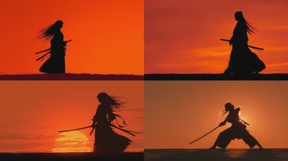 女战士剪影，落日背景，长辫飞扬，手握日本刀，侧面站立，威严姿态，低角度拍摄，高对比度，橙红色天空，冷色调，广角镜头，背光，静态姿势，力量感，简约构图，武士精神，刚毅表情，黑色轮廓，动态线条，决绝氛围