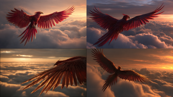 凤凰展翅高飞，3/4侧面视角，电影级写实风格，羽毛闪耀金光与深红色彩，背景为壮丽云海与落日余晖，动态模糊翅膀，长焦镜头，浅景深，戏剧性侧光，暖色调，威严神圣，震撼人心。