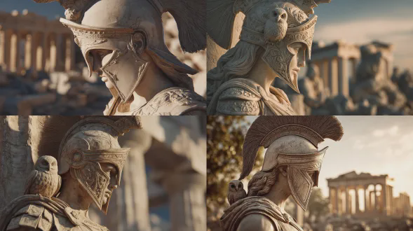 一幅超写实4k竖图，展现希腊女神雅典娜雕刻成大理石雕像的模样。她以女战士姿态站立，身着华丽科林斯头盔与精细盔甲，肩头栖着一只猫头鹰。雕像由完美光滑、抛光的白色大理石打造，柔和金色光线自左侧洒落，背景是柔和模糊的希腊神庙遗迹，氛围神圣庄严，具博物馆级写实感，暖色调、电影灯光效果，大理石纹理超细致，无污渍无裂缝