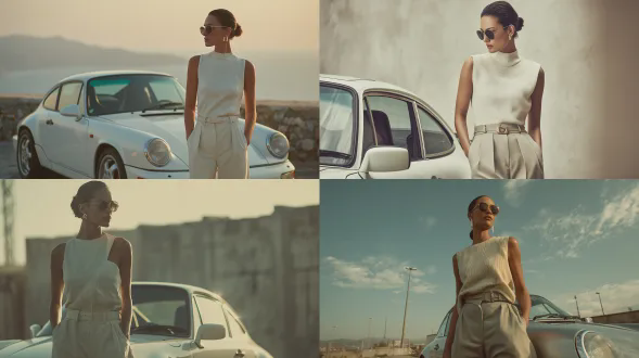 一位具有现代自信气质、展现冷静克制姿态的女性。她身着由致密面料（非罗纹、非针织）制成的结构化不对称无袖上衣，色调为温暖的象牙白/骨色。搭配高腰剪裁、带有明显褶痕的直筒裤，颜色是柔和的灰褐色/温暖的石色。脚踩极简主义的米白色皮革鞋履。佩戴细金属框太阳镜、精致几何银色耳环，还有纤细的皮带。头发梳成光滑的低发髻。妆容简约。她站在一辆纯白色的经典保时捷911（964）旁，车辆为原厂状态、有自然磨损且有真实反射，汽车是环境一部分而非主体产品拍摄。采用电影时尚编辑风格，用35毫米模拟胶片拍摄，有强烈胶片颗粒结构，无装饰感，有柔和光晕，色彩褪色陈旧，黑色提亮、对比度降低，曝光不完美、轻微曝光不足，无干净高光、无纯白。视角为低角度，取景不完美，相机略有倾斜或偏离中心，主体未完全对齐，是瞬间抓拍而非摆拍。光线为自然日光，氛围是温暖干燥且有尘土感，有手持相机的真实感，像是在瞬间消失前快速抓拍的。