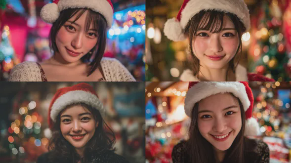 一位可爱的日本女孩戴着圣诞老人帽，微笑特写上半身，细腻细节高分辨率，背景虚化，左前侧光照，温暖房间挂满彩灯，背后圣诞树，游戏风格，柔焦，高动态范围，浅景深，佳能ef 85mm f/1.2，暖色调，欢乐氛围