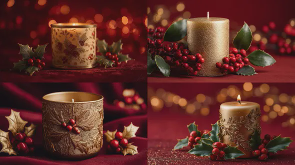 金色花丝装饰蜡烛，中心点缀冬青叶与亮红浆果，温暖深红背景，柔和节日光斑，索尼a7r v搭配90mm f/2.8微距镜头，特写构图，浅景深，自然侧光，哑光质感，暖色调，奢华细节，节日氛围