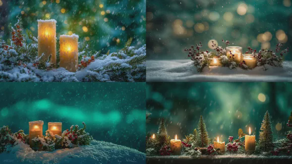 冬日蜡烛在雪岭上闪耀，周围环绕着微型常青树和浆果，山脉轮廓在发光的绿色天幕下若隐若现，尼康d850+70-200mm f/2.8，长焦压缩，温暖的烛光，冷色调背景，高动态范围，柔和的雪花飘落，远景虚化，静谧氛围，金色与绿色碰撞，微距细节，低角度拍摄，慢门效果，星芒滤镜。