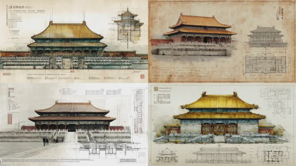一张分割为两部分的建筑展示图：左侧三分之一为紫禁城风格的实景照片，展示重檐歇山顶、金色琉璃瓦、汉白玉基座与御道石狮；右侧三分之二为详细建筑设计图纸，宣纸纹理、总平面图、立面图、二层平面图并以中文标注功能区与项目信息，包含比例尺与图例。