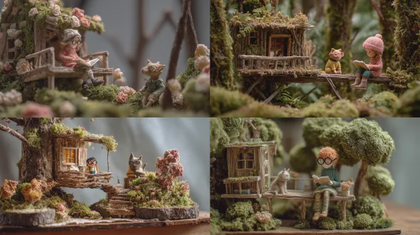 微缩手作场景风格，材料使用树枝、纸板、黏土、苔藓和干花，表面质感自然粗糙（木纹、苔藓、纸张纹理）。使用柔和环境自然光，光强低到中等，漫射顶光，颜色以森林绿、土棕、柔米色和柔粉为主。场景元素包括：坐在阳台上读小书的小女孩、戴眼镜的猫、由树枝纸板黏土制成的树屋和苔藓干花制成的森林；风格主题为童真、想象与自然。