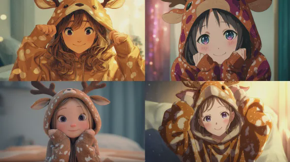 在一间柔和暮光洒入的房间里，女孩温暖地穿着一顶带有小鹿图案的连帽衫。帽子上装饰着小鹿耳朵和鹿角，柔和的棕色布料上散布着浅色斑点。她的大眼睛呈现出蓝紫渐变，宛如深林湖泊，闪烁着仿佛捕捉到星空的光芒。她的脸颊微微泛红，嘴角带着天真的微笑。她双手轻轻握住帽檐，动作如同小动物般细腻。裹在小鹿图案的温暖中，她散发出宁静而可爱的气息，宛如冬日清晨森林中屏息的小鹿。背景融入柔和色彩，没有任何干扰。只有女孩、她温柔的微笑和小鹿图案的温暖充满了这个小小的世界。