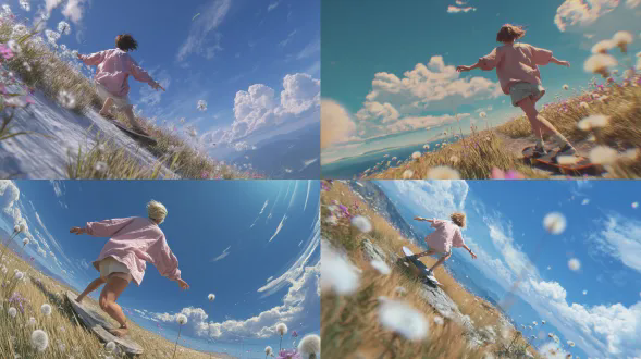（杰作，最佳质量，超高清晰度细节），3d动画，cg材质，明亮的光照和阴影，轮廓光，衣物半透明，一个女孩，独自，从背后观看，短发，穿着宽松的浅粉色衬衫和短裤，滑下陡峭的斜坡，骑着平坦的木板 downhill，手臂张开，动态姿势，运动模糊，风吹她的头发。背景：下方是无尽的广阔草原，茂密的黄绿草丛波浪起伏，散落着白色蒲公英和小紫色野花，远处的地平线与蓝天相接，几朵白云悠闲地飘动，非常陡峭的草地斜坡，干燥柔软的草地质感，广阔的蓝天，大片棉花状的积云，明亮的阳光，镜头光晕，脸上有夏日微风的氛围，生动明亮的色彩，梦幻超现实的世界。构图：鱼眼镜头效果，超广角，曲线透视，景深，高角度视角，电影灯光，8k分辨率