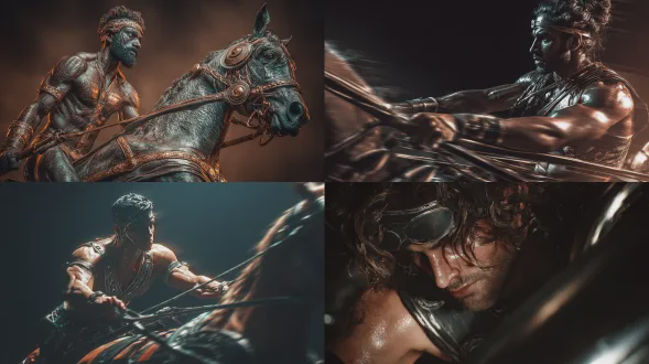 大胆阳刚的战车骑手，罗马未来主义风格，汗水闪烁在紧绷肌肉上，专注坚定的面部表情，散发冠军精神，超细节多层纹理，高度逼真，动态构图，金属质感，赛博朋克色调，广角镜头，运动模糊，强侧光，暗黑背景，速度感，战斗姿态，史诗氛围，高对比度，电影级光影。