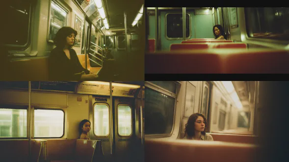 极简主义，受90年代后期城市电影摄影启发的90年代颗粒感美学照片。一位年轻成年女性独自坐在纽约市地铁车厢内。她 positioned 得离相机更远，在画面中显得很小。她看向侧面，脸部仅部分可见，避免与相机直接眼神接触。她的表情平静且安宁，中性又沉思，不微笑，不夸张，传达出安静的日常宁静。地铁内部被柔和的暖色调怀旧光线照亮。她周围的空座位增强了孤独感。她头顶上方及身旁的窗户区域较暗且简洁，营造出大量可放置文字的空白空间。构图使图像的上部较暗且简单，而主体位于画面下方。90年代美学，可见胶片颗粒，略有柔和感，柔和但温暖的色彩，微妙的运动模糊，电影化构图，自然光透过地铁窗户。日常现实主义，城市孤独感，美学上的不完美。无文字。