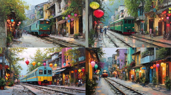 一幅越南河内的火车街道的逼真、生动绘画。色彩明亮、鲜艳。细节丰富。丝绸灯笼悬挂在建筑物上，但不在汽车上方。人们站在旁边。火车在轨道上行驶