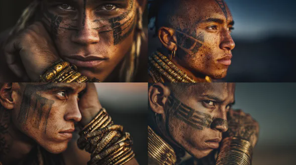 年轻的印第安女战士写实肖像，侧面面部纹身，深邃眼神直视镜头，金色臂环，深褐色肌肤，黄昏沙漠背景，暖色调，浅景深，35mm镜头，柔光，高对比度，细腻纹理，强烈光影，神秘感，力量美