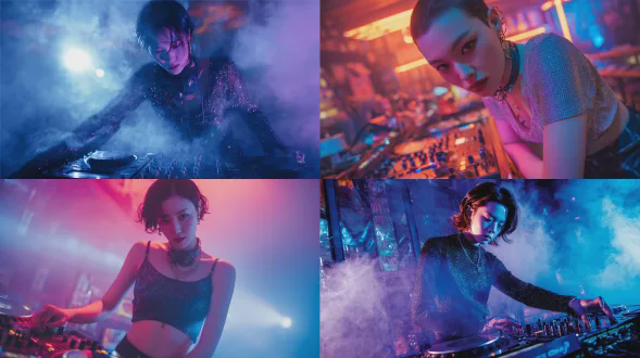 "韩国20岁美女偶像演奏dj，夜店氛围，霓虹灯光，科技感未来风，专注表情，时尚短发，亮片上衣，动态姿势，手控混音台，动感节奏，低角度拍摄，广角镜头，高对比度，蓝紫主色调，激光效果，烟雾弥漫，激情四射，电子音乐节现场。"