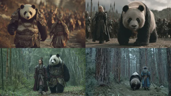 一只巨大的熊猫与一位女将军并肩走在一起，场景设定在古代中国，是战斗场景，全身镜头，电影剧照，高度逼真，写实风格，真实质感