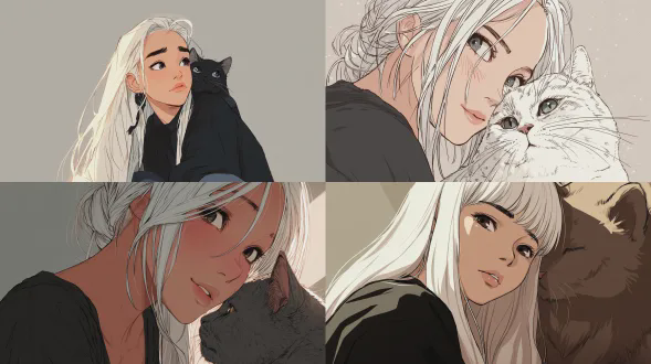 一个留着白色长发的可爱女孩，穿着一件 oversized 的黑色衬衫和吊带，将头靠在另一个人的猫的肩膀上。这幅插画是漫画风格，以柔和的光线从上方进行特写展示，背景简洁。她的表情洋溢着可爱，正凝视着猫肩膀上方的某个东西