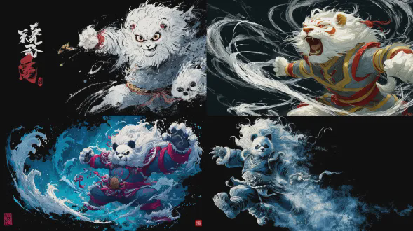 凶猛咆哮的熊猫摆出武术姿势，白色舞狮服装威严，中国武士精神，水彩风格，强烈色彩对比，飞舞墨水，鬃毛飘动，黑色虚无背景，宏大有力，8k画质，高细节插画，动态构图，戏剧性光影，高对比度，传统元素，英雄气场，威武表情，流畅线条，艺术张力，情感强烈，震撼视觉