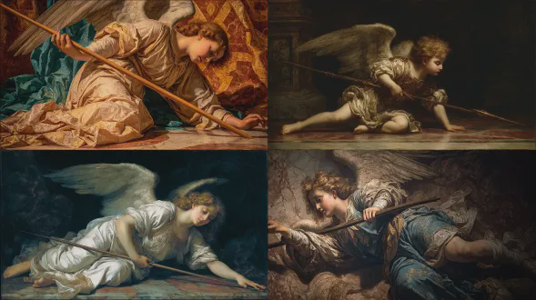 现实主义与文艺复兴融合，天使动态攻击姿态，手持斜向下长矛，一腿伸直脚尖点地，一腿膝盖弯曲，微笑中带泪，矛盾痛苦与坚定，柔光与戏剧性阴影，古典油画质感，暖金色与深蓝对比，羽毛细节精致，大理石背景，35mm镜头，高动态范围，神圣感与张力