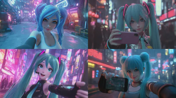 初音未来在未来感十足的霓虹夜街自拍，绚丽的光影映射发丝，神情轻快俏皮，赛博朋克氛围，照片级真实渲染。