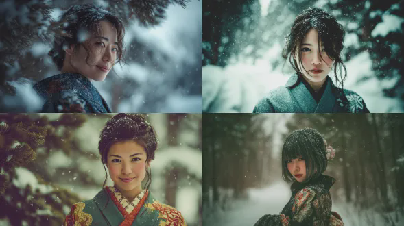 祢豆子雪山小径自拍，雪花点缀发丝，柔和侧光，宁静微笑，电影级超现实细节，浅景深，85mm镜头，冷色调，细腻肤质，和服纹理清晰，飘雪动态，背景虚化，雪松环绕，宁静氛围，高动态范围，胶片质感，真实光影。
