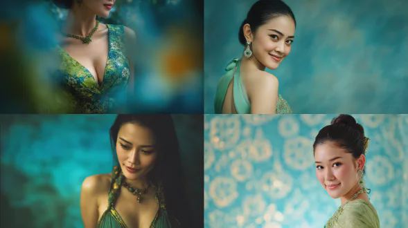 泰国女性，柔和空灵之美，翡翠与玉石般的绿色，蓝色背景，宝石色调，金色轮廓，特写镜头，柔焦效果，浅景深，侧逆光，珠宝质感，神秘微笑，丝绸长裙，优雅姿态，冷色调与暖色对比，高光细节，梦幻氛围，宁静情绪。