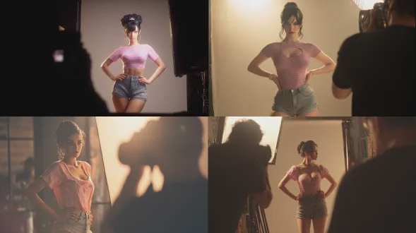 蒂法，摄影师正在拍摄一位有着黑色长背头的女模特，半身镜头，在时尚摄影工作室环境中，正式姿势，双手叉腰，粉白相间的t恤，牛仔短裤，纤瘦的超模身材，商业级图像保真度，逼真的人物，超写实摄影，带有黄金时段柔光效果的电影级体积光，飞思xt光学精度，18档动态范围和杜比视界hdr，octane render次表面散射，带光线追踪反射的工作室级照明设备，8倍超级采样抗锯齿，专业调色。