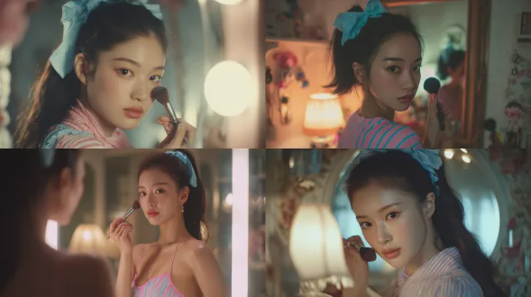 个富有电影感、空灵缥缈的梳妆台室内场景。一位美丽的韩国女性正在梳妆镜前化妆，镜头聚焦于上半身。她轻柔地握着一把化妆刷，凝视着镜中的自己，姿态沉静优雅。她的头发束成整齐的马尾，用一条柔和的天蓝色丝带系着，发丝自然、顺滑、逼真，细节清晰可见。她穿着一件粉蓝相间的条纹连衣裙，色彩和谐，面料质感真实，有着自然的褶皱和纹理。她的外形完全如真人般栩栩如生，拥有一张格外美丽的脸庞，表情自然，皮肤质感超写实，能看到毛孔和细微的瑕疵，眼睛、嘴唇和面部比例都十分逼真。整个氛围梦幻而神秘，室内光线柔和，镜子反射出温柔的光晕，房间里弥漫着宁静浪漫的气息。拍摄风格如同真实的美人肖像照，采用优化面部美感的自然电影灯光，呈现85毫米人像镜头的效果，浅景深，皮肤和头发具有照片级真实感，无cgi特效，非娃娃脸，非塑料质感皮肤。构图为上半身，从胸部往上取景，自然裁剪，以面部为中心的角度，垂直电影式构图，短视频格式。