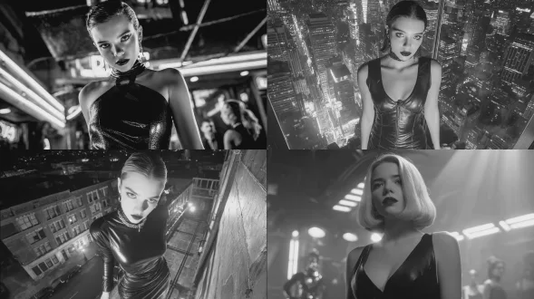 安雅·泰勒-乔伊饰朱迪·杰森，黑色皮革连衣裙，冷艳红唇，犀利眼神，都市夜景，霓虹灯光，高对比度黑白摄影，硬光，广角镜头，仰拍视角，强烈阴影，时尚大片风格，神秘氛围，戏剧性张力，金属质感，复古未来主义，冷酷优雅。